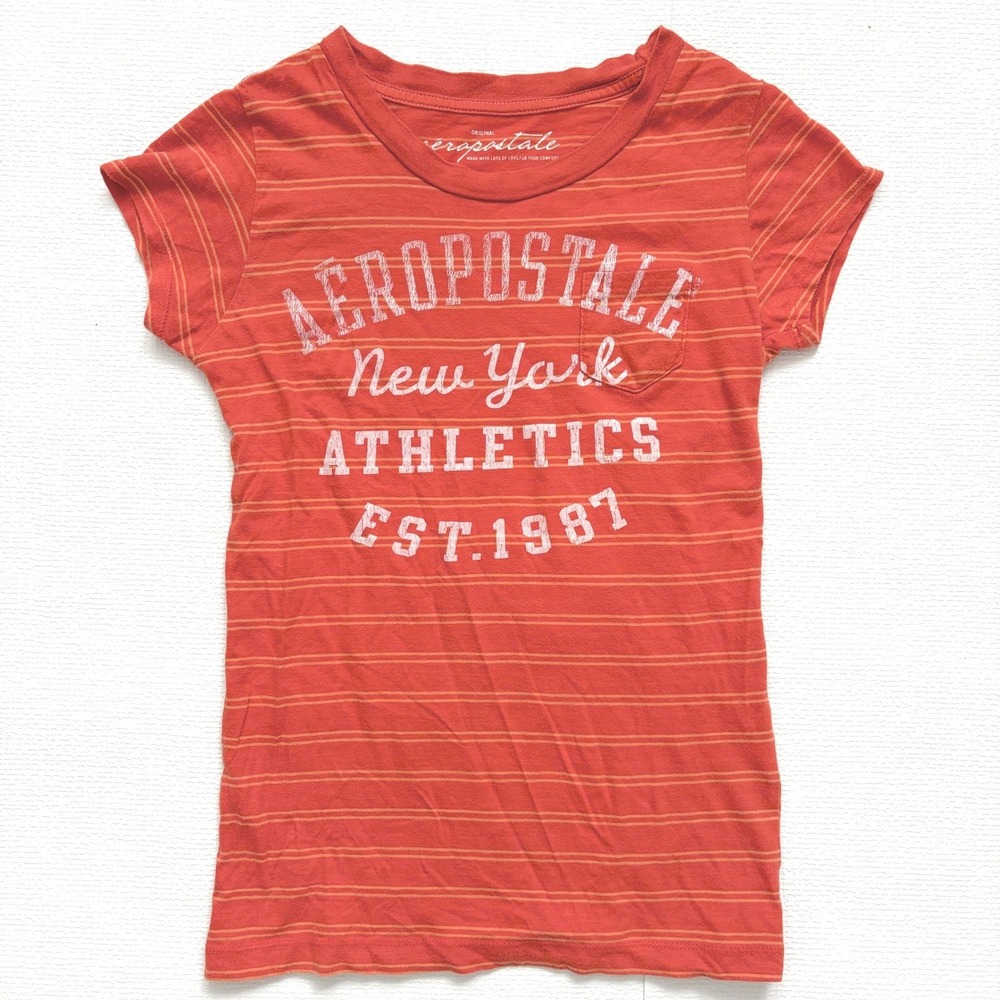 y2k Aeropostale T-Shirt Graphic New York Athletics Small Orange Striped
